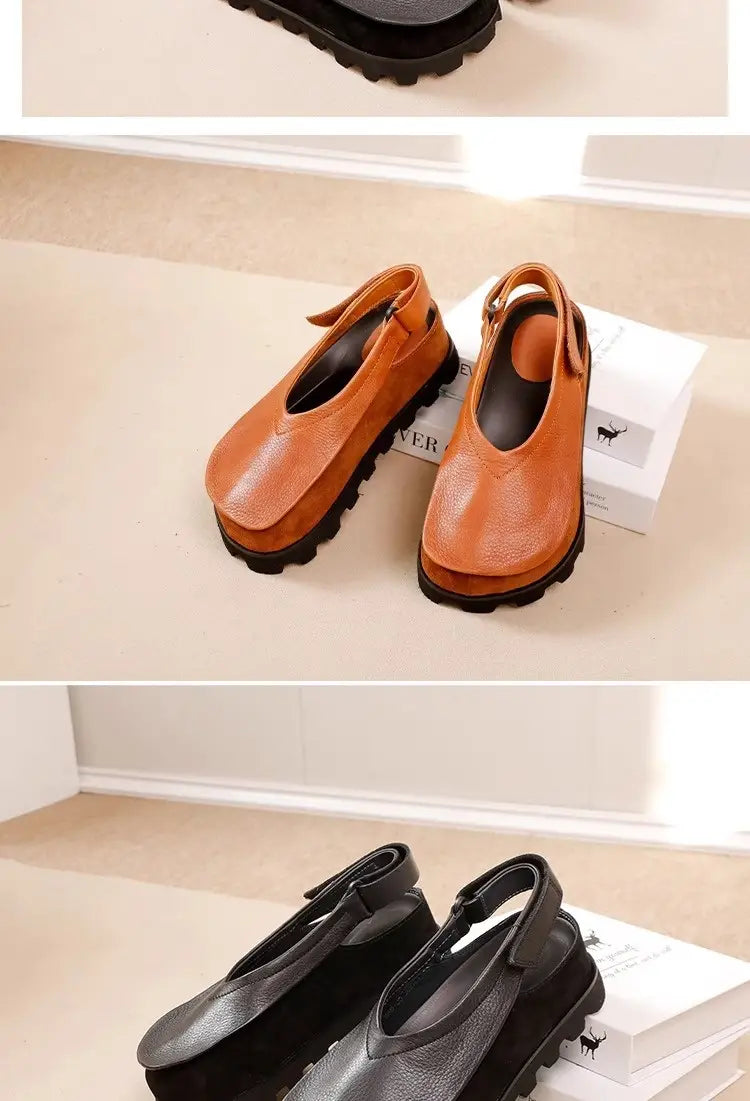 Warme orangefarbene Ledersandalen mit Plateau, mit kräftiger schwarzer Gummisohle und verstellbarem Riemen für einen retro inspirierten offenen Zehen-Stil.