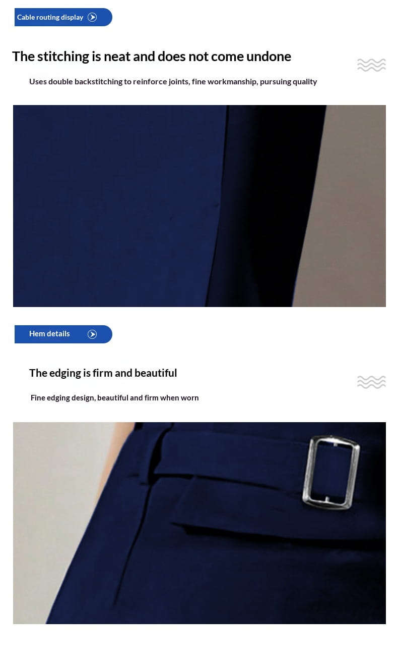 high waisted pencil skirt in deep navy blue fabric with precise double backstitching and a sleek silver toned metal buckle.