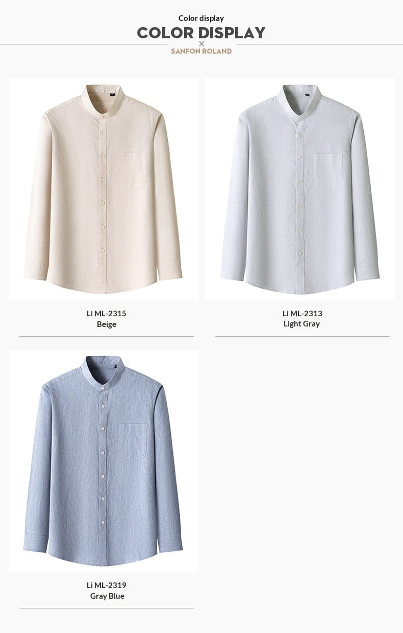 men linen mandarin collar slim shirts in beige light gray and gray blue with subtle vertical ribbing and button-down front.