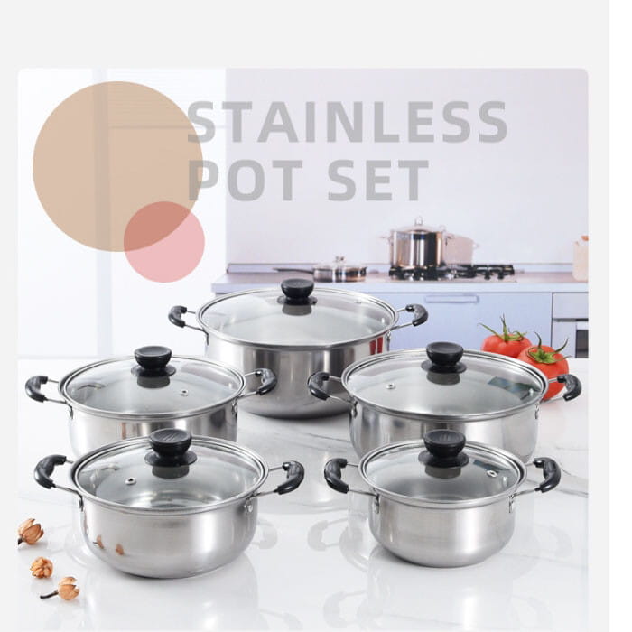 Shiny stainless steel induction cookware set of five pieces with black handles and glass lids designed for versatile cooking.