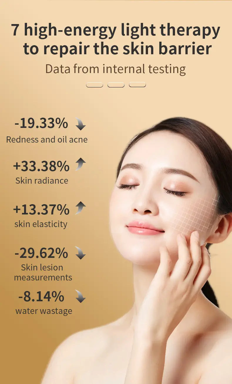 A woman with dark hair and a serene expression gently touches her face, showcasing the results of 7 high-energy light therapy for skin barrier repair from the led beauty mask and roller 3-in-1 rejuvenation set.