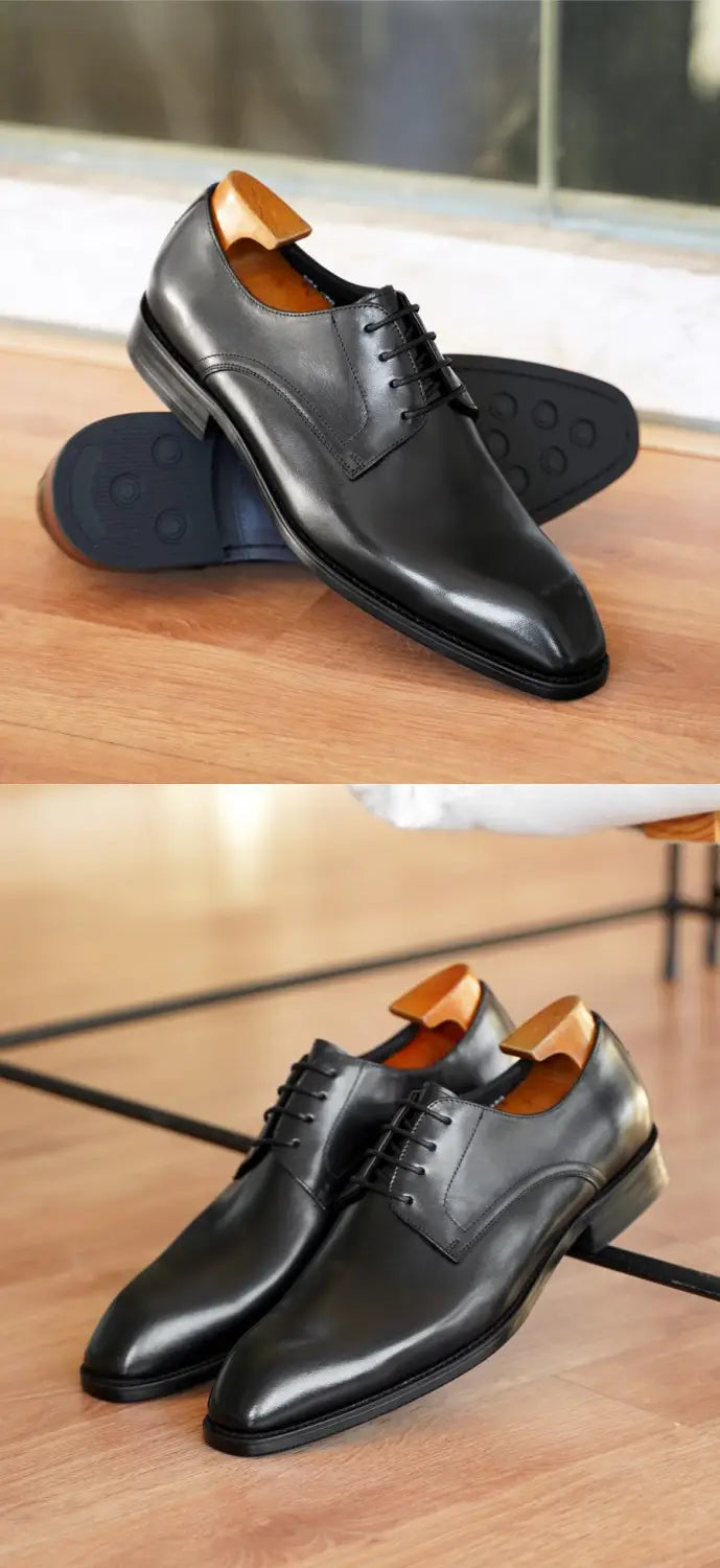 Men’s vintage square toe black leather lace-up dress shoes with polished finish and classic oxford design.