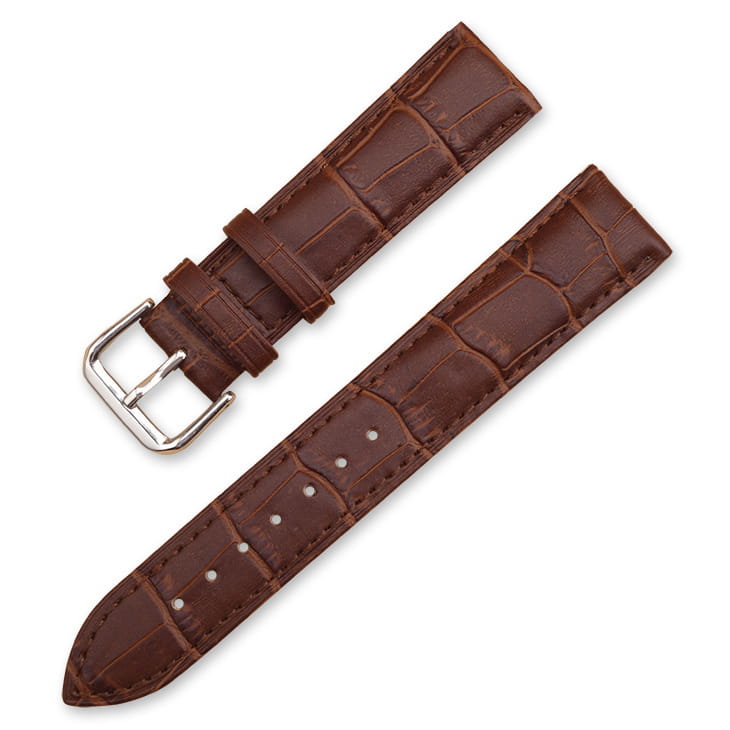 Brown crocodile-patterned leather watch strap with a silver-toned buckle from the crocodile leather watch strap set with buckle.