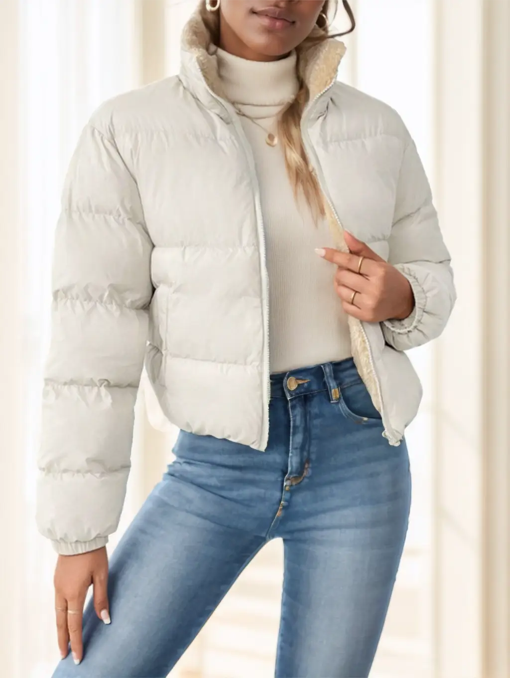 A cozy off-white reversible fleece puffer jacket featuring a plush fleece-lined collar and ribbed cuffs.