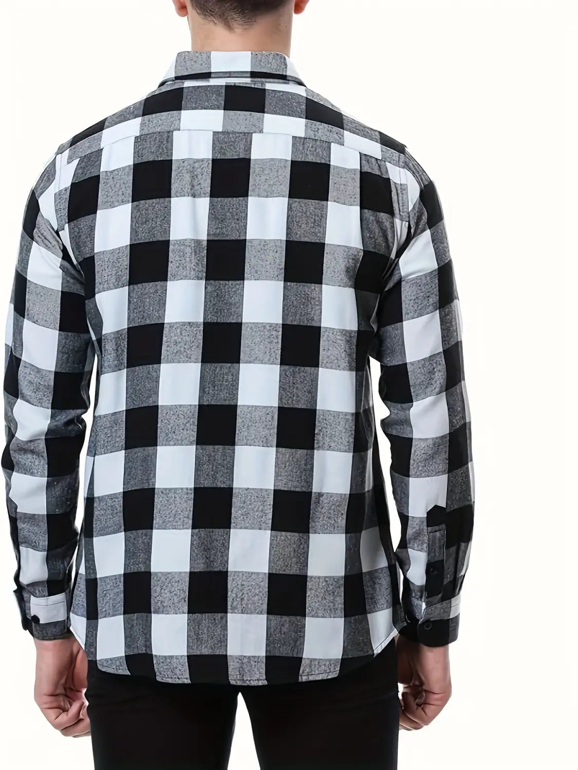 men’s slim fit plaid flannel button up shirt in black and white checkered pattern with long sleeves and classic collar.