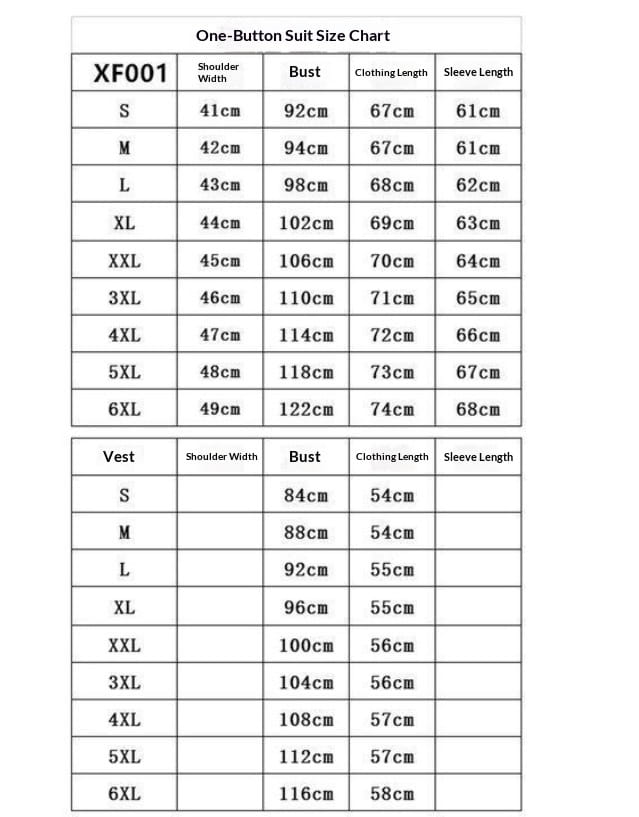 one-button men woolen three piece suit slim fit business attire size chart displaying shoulder width bust clothing length and sleeve length measurements from size s to 6xl.