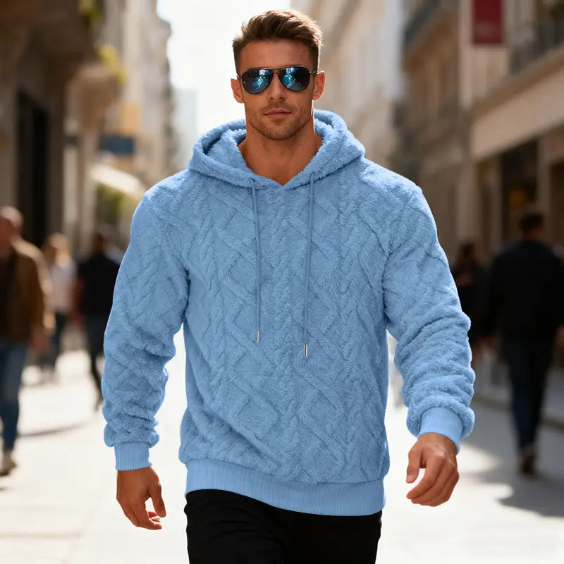 Men’s light blue textured fleece lined knit hoodie with a cozy cable knit pattern and matching drawstrings.