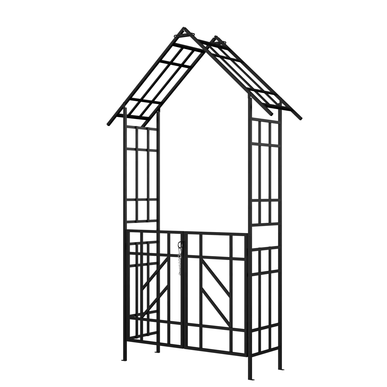 black metal garden arbor with peaked roof and lattice design featuring a gate made of black iron trellis measuring 97 inches tall