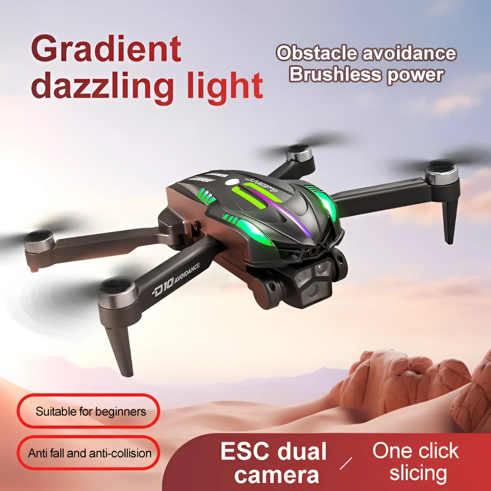 D10 foldable drone in black and green gradient with dual cameras, led lights, brushless motors, and esc shown from back side