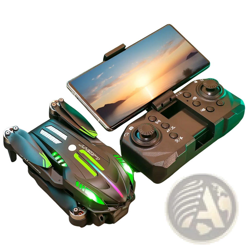 D10 foldable drone in black and green with dual cameras and glowing led lights along its body displayed from the back