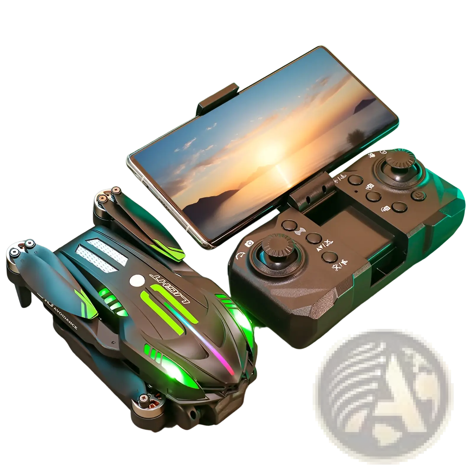 D10 foldable drone in black and green with dual cameras and glowing led lights along its body displayed from the back
