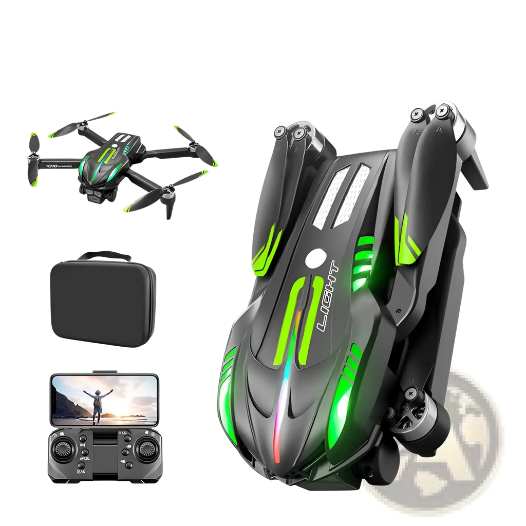 Black and neon green d10 foldable drone with dual camera and led lighting accents shown from the back side