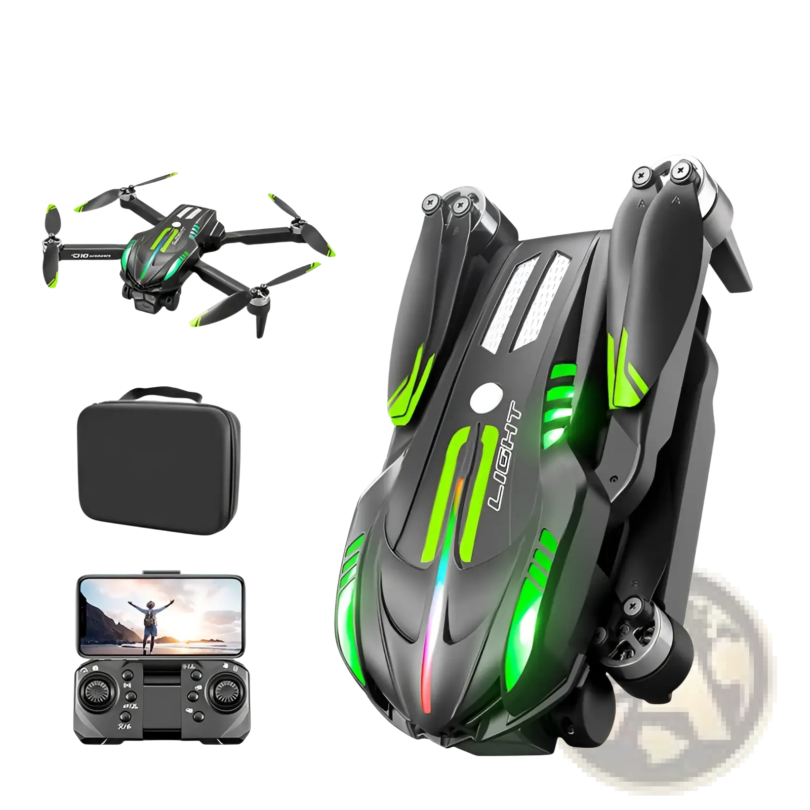 Black and neon green d10 foldable drone with dual camera and led lighting accents shown from the back side