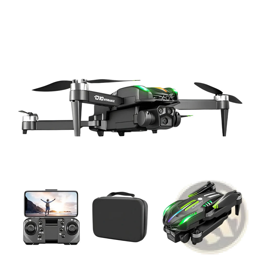 Black and green d10 foldable drone with dual camera system and led lights showing the back side design