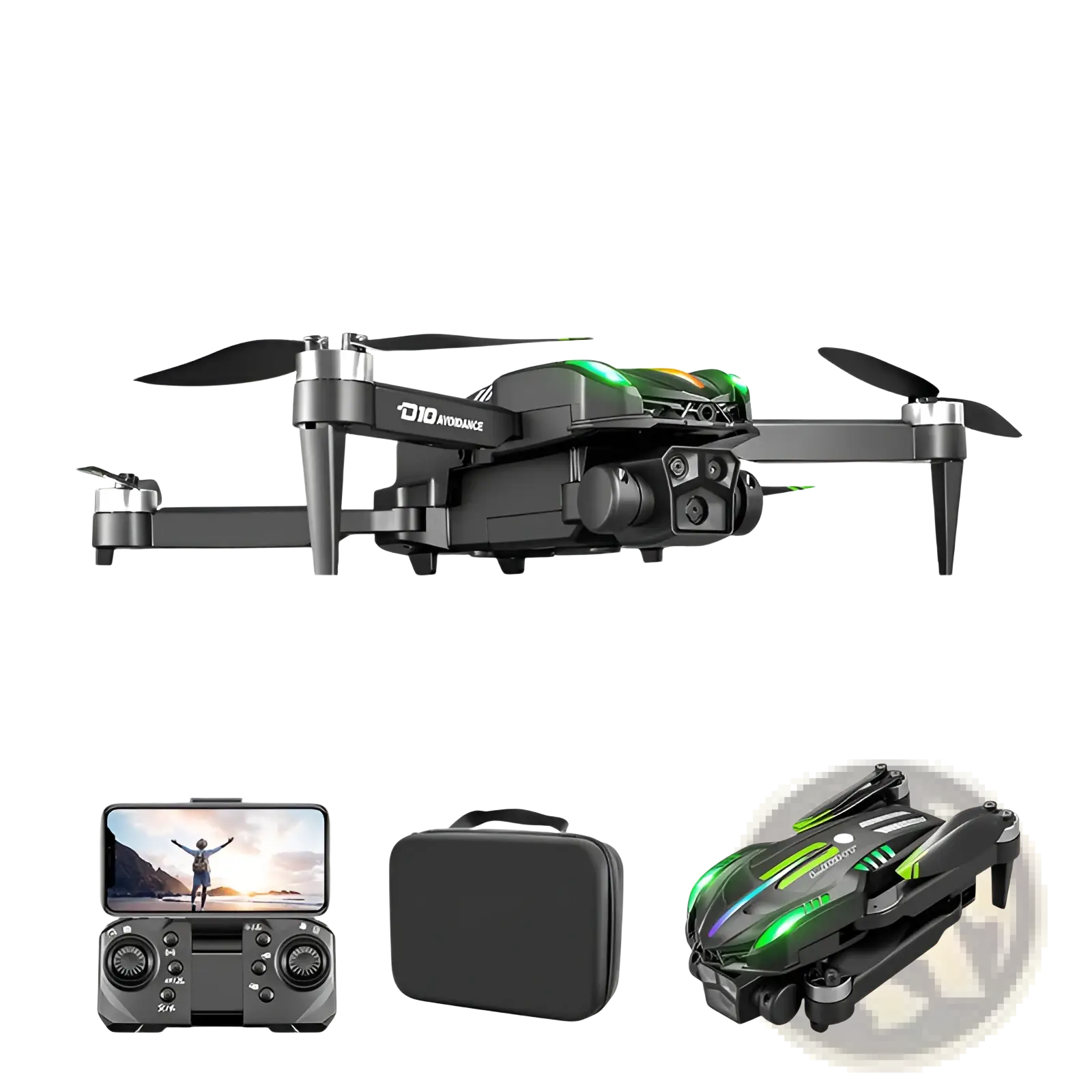 Black and green d10 foldable drone with dual camera system and led lights showing the back side design
