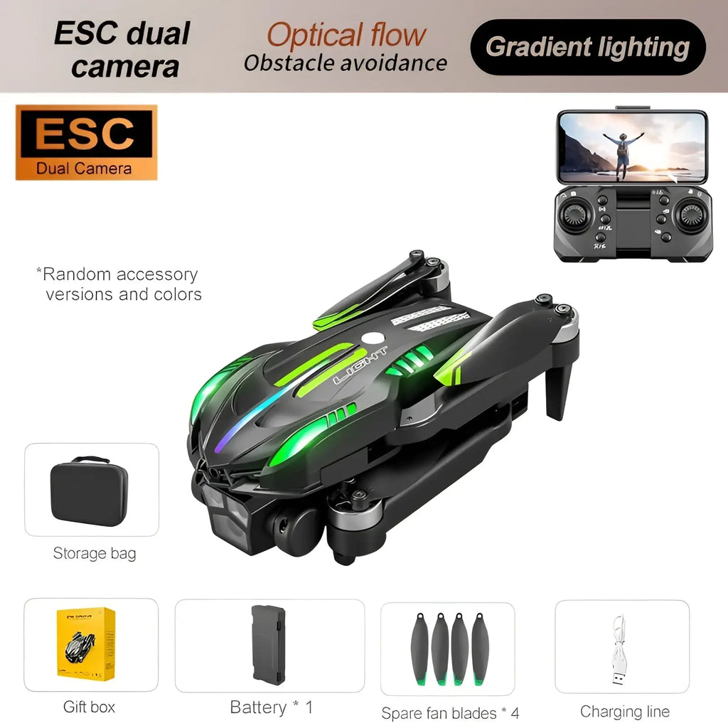D10 foldable drone with dual camera featuring black and green led lights shown from the back side