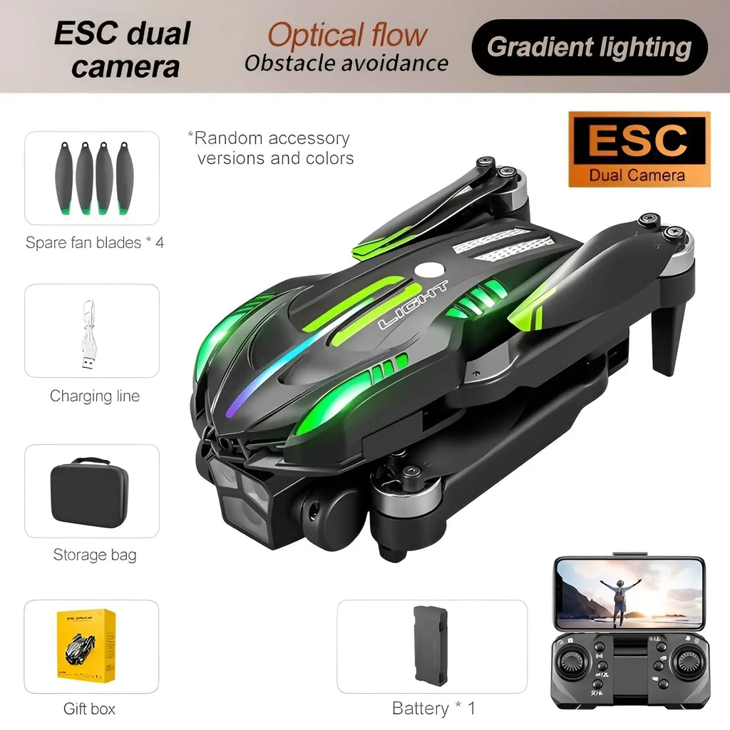D10 foldable drone with dual camera and black and green led lights shown from the back side