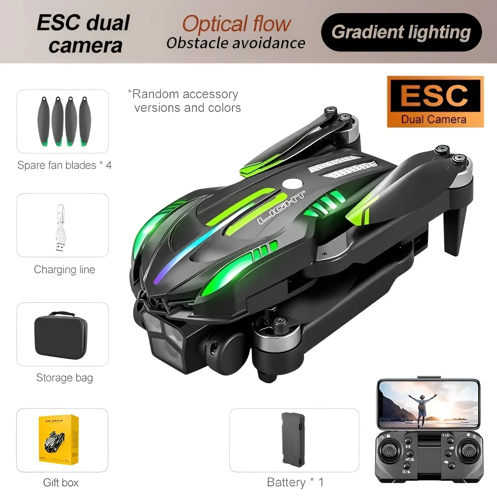 D10 foldable drone with dual camera and black and green led lights shown from the back side