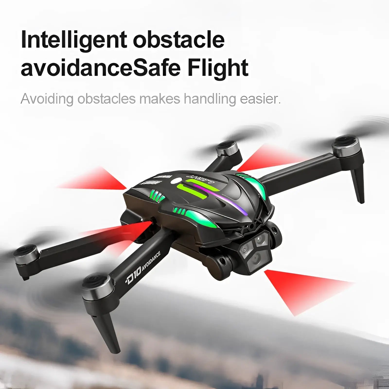 D10 foldable drone with dual camera and led lights in black and green with purple accents for safe compact flight