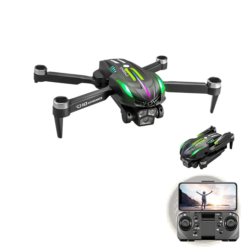 Black and green D10 foldable drone with dual camera and LED lighting accents shown from the back side