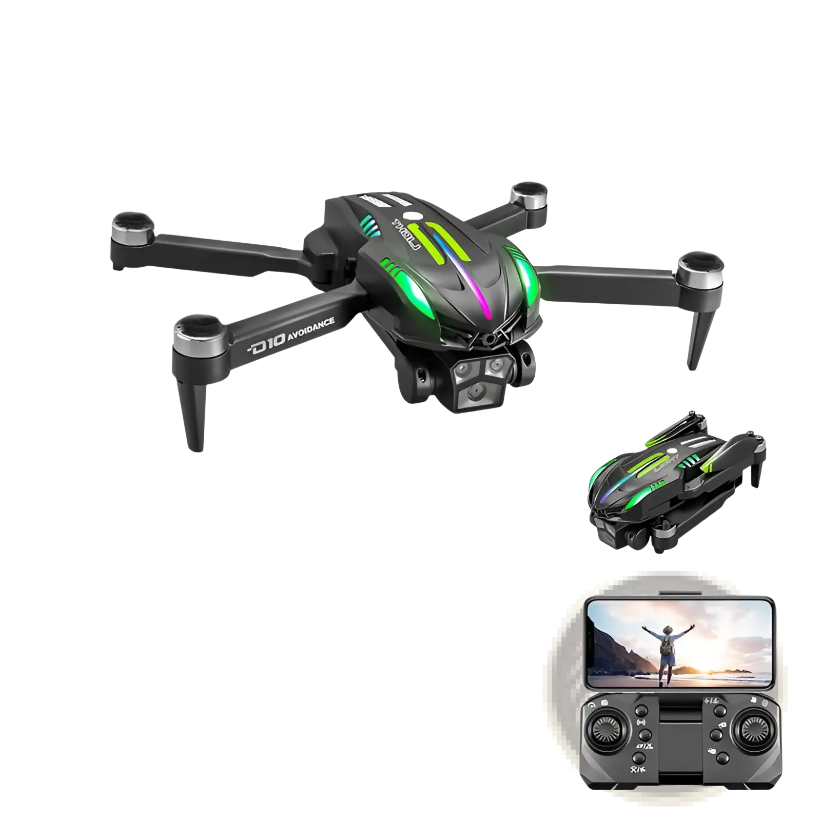 Black and green D10 foldable drone with dual camera and LED lighting accents shown from the back side