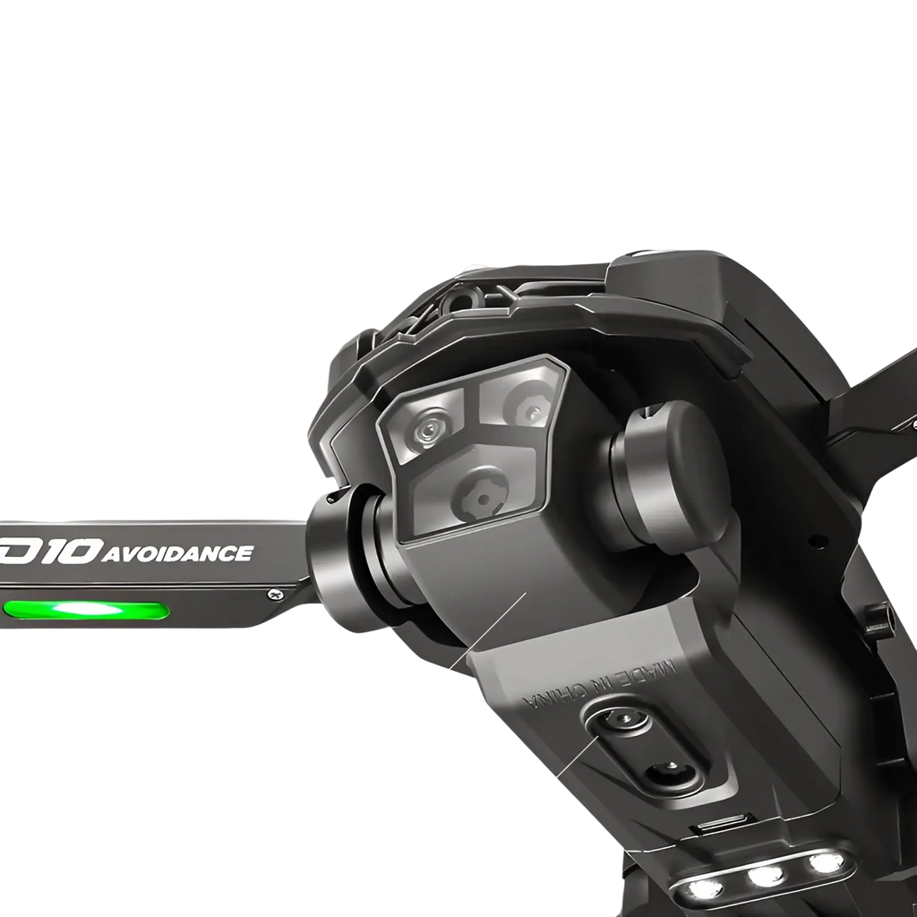 D10 foldable drone with dual black esc cameras and green led light on the arm shown from the back side