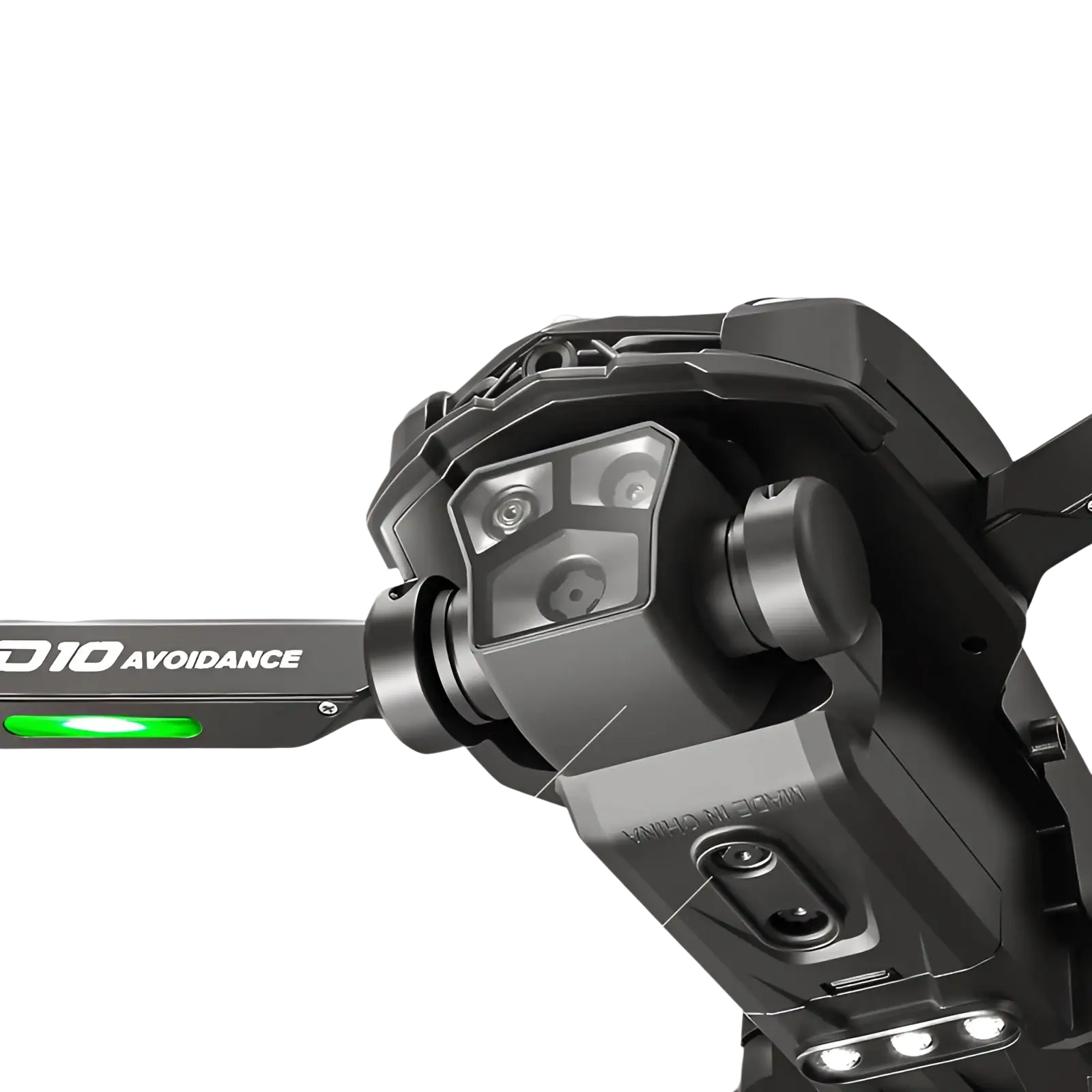 D10 foldable drone with dual black esc cameras and green led light on the arm shown from the back side