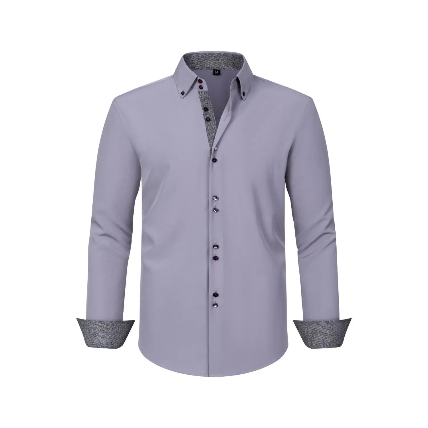 Une chemise habillée stretch à empiècements contrastés gris clair élégante pour homme, avec un col intérieur et des poignets texturés discrets.