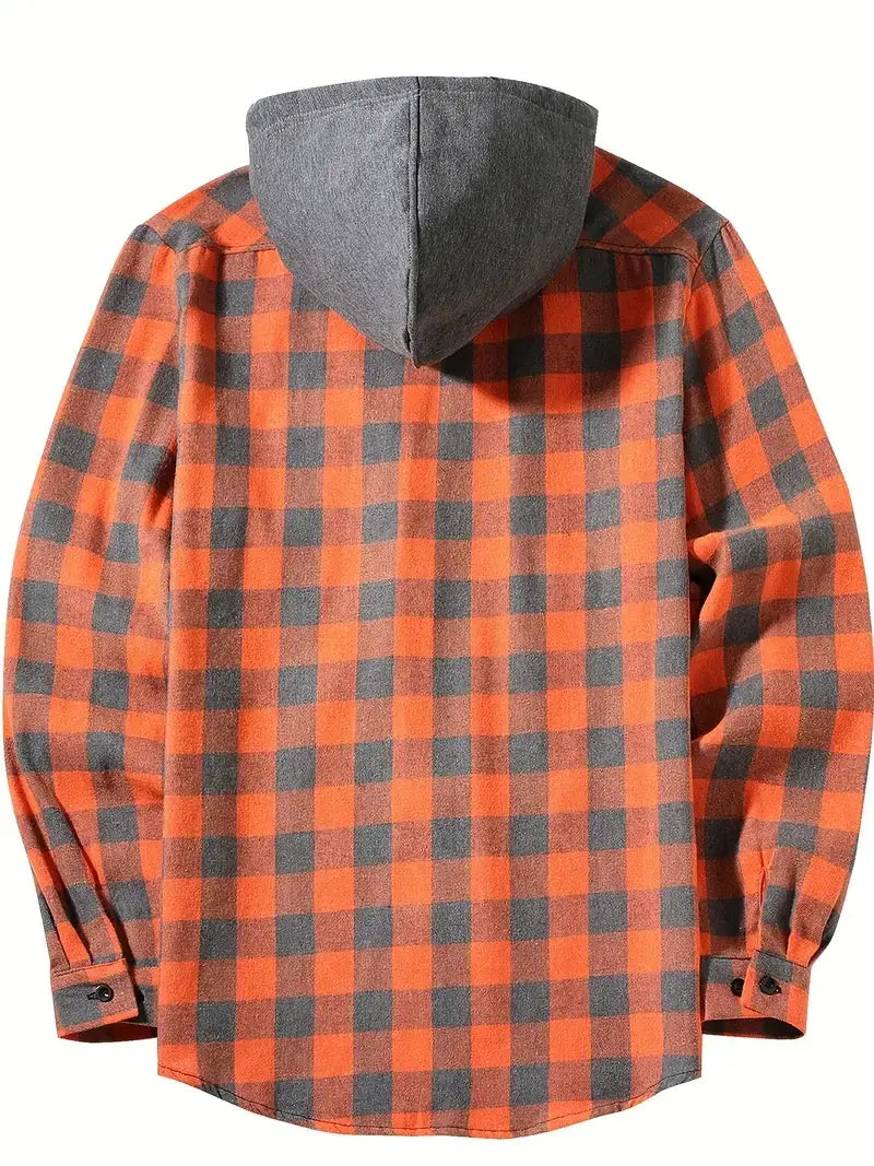 Men’s plaid hooded flannel shirt featuring orange and black plaid pattern with a gray fleece-lined hood.