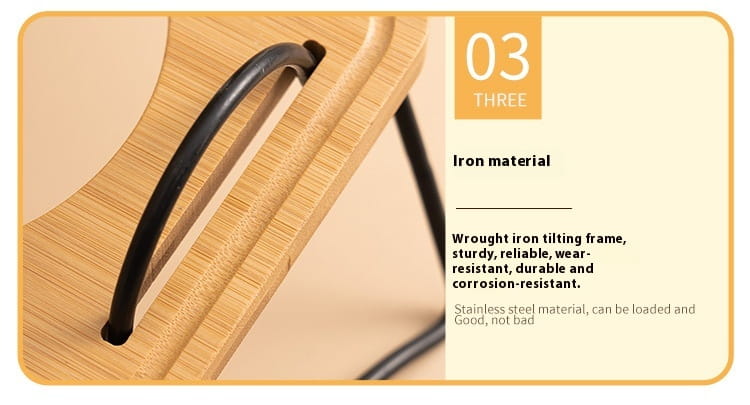 Black wrought iron handle with a sleek curved design mounted on a light bamboo wood frame of an elevated ceramic cat bowl wooden stand.