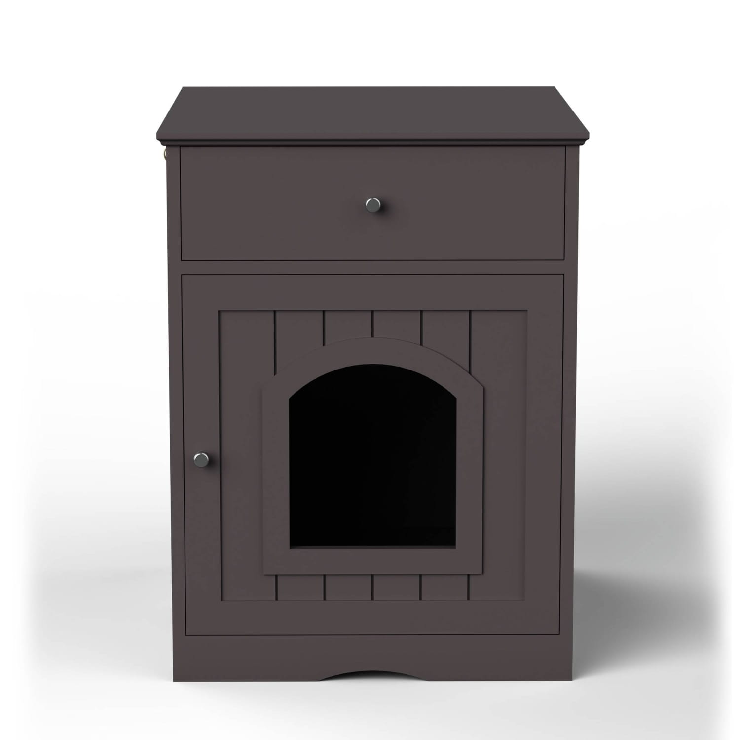 Eine Einfassung für eine Katzenkloschale aus dunkelgrauem Holz als Nachttisch mit Schublade und einer gebogenen Tür zur unauffälligen Entsorgung von Tierexkrementen.