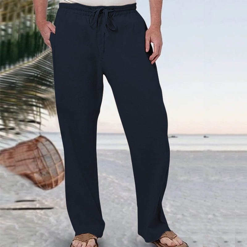 Men linen straight leg casual pants in dark navy blue with a loose fit and lightweight drawstring fabric.