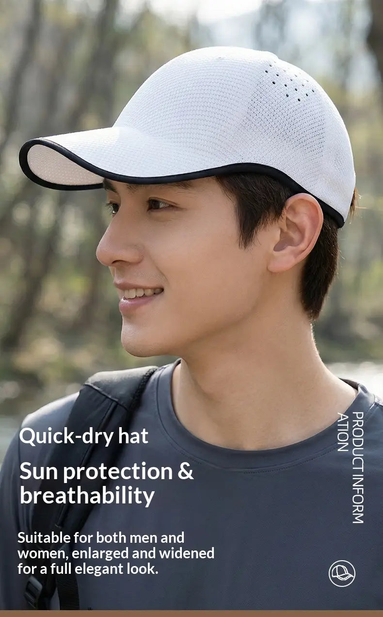 Breathable mesh baseball cap for men in white with black trim and ventilation holes made of lightweight mesh material.