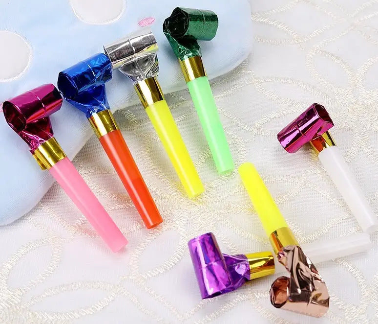 A collection of colorful party blower noisemakers for kids birthdays featuring metallic gold accents and shiny reflective tops in various hues including pink blue green yellow purple and rose gold in a 10 pack.