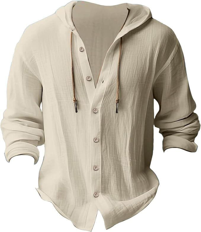 Camisa de cárdigan con capucha ligera para hombre en color beige, con tejido ligero y fluido, y pequeños pliegues verticales sutiles.