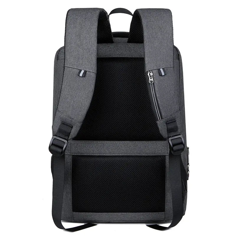 Gray textured fabric business laptop backpack with black mesh panels and zippers made of oxford cloth featuring a USB charging port.