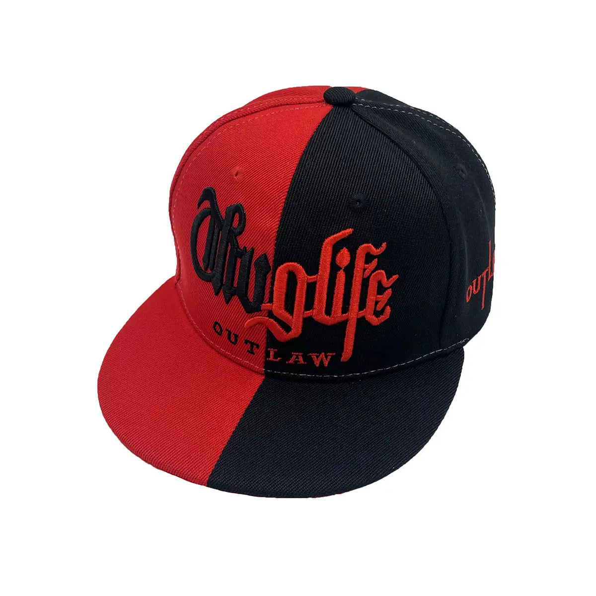 Red and black two-tone embroidered hip hop snapback cap featuring bold red outlaw script across the front.
