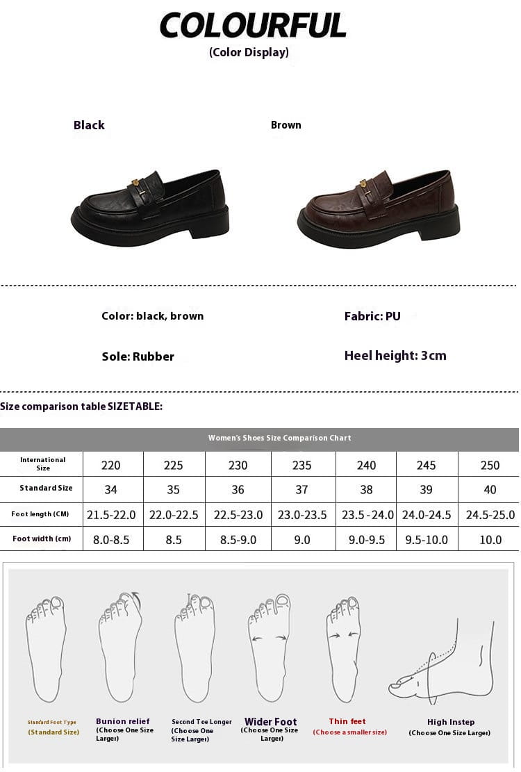 Brown leather loafers with gold buckle detail featuring black and brown PU material rubber soles and a 3cm heel height.