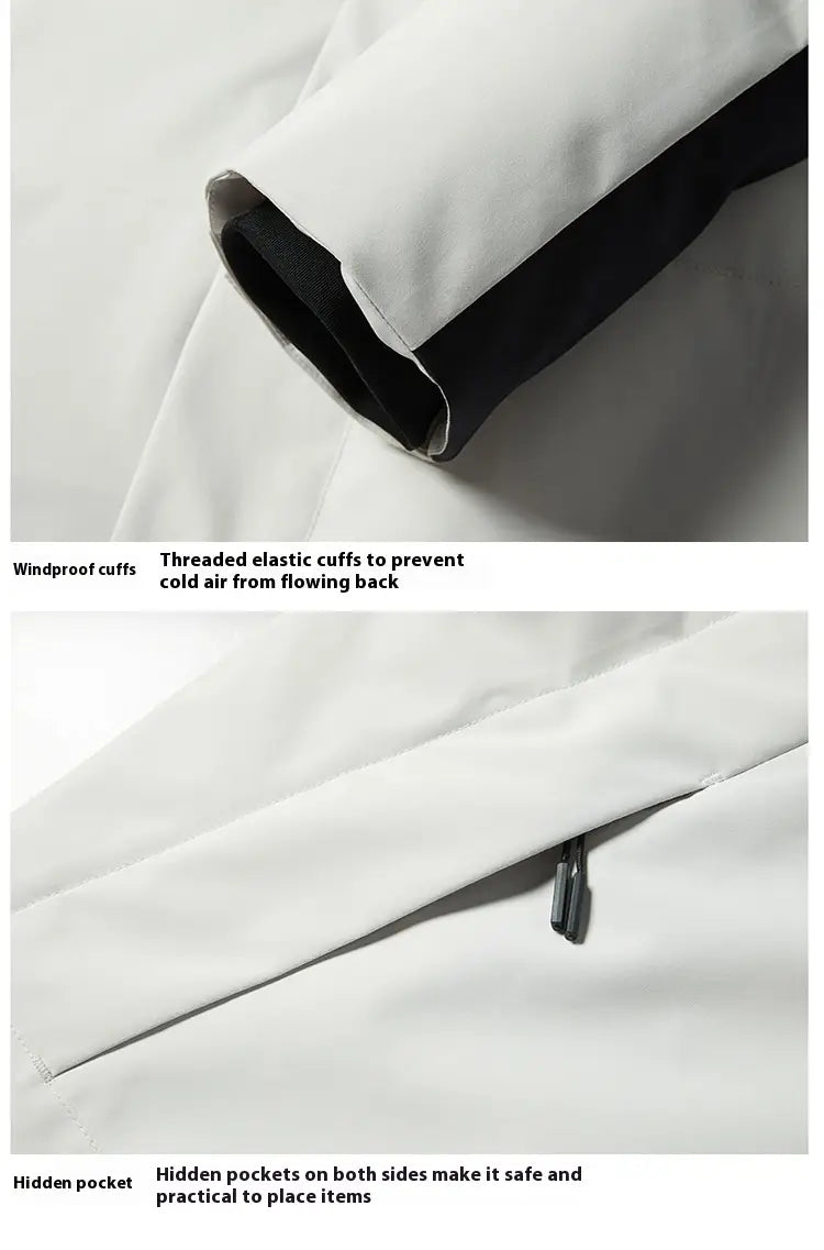 White windproof waterproof puffer jacket featuring black threaded elastic cuffs and hidden side pockets.