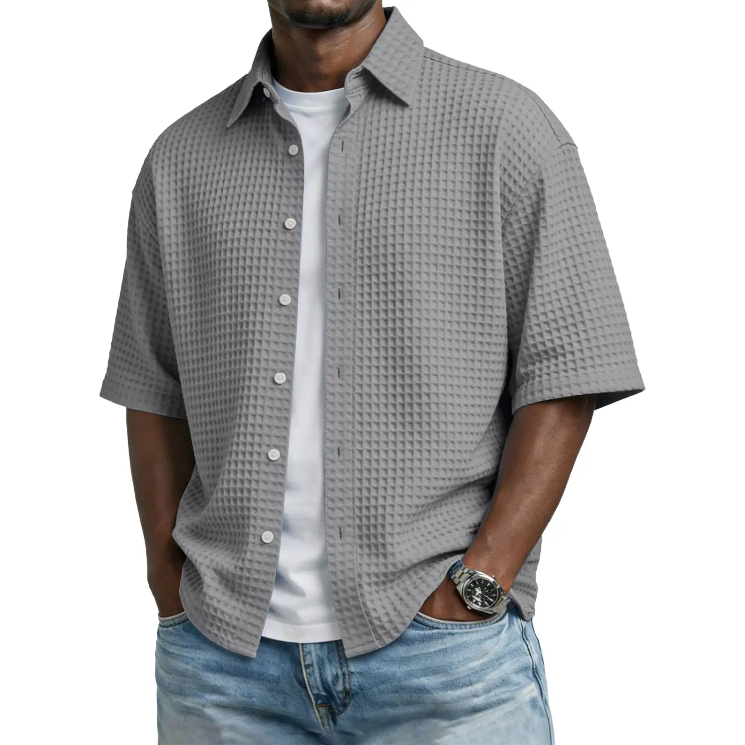 gray waffle knit short sleeve polo shirt featuring a textured waffle pattern and button-up front for men