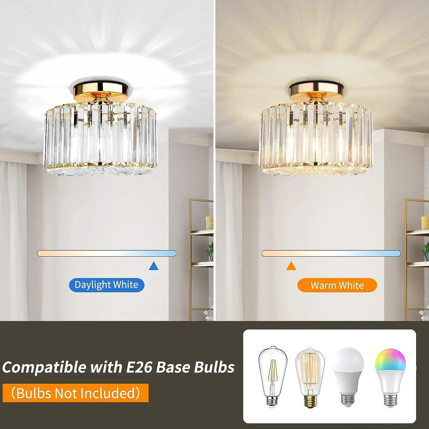 A modern crystal flush mount ceiling light rose gold chandelier with a gold-toned metal frame and clear faceted glass prisms.