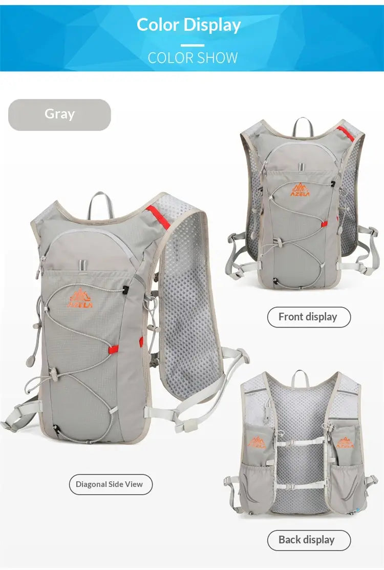 Gray zalora hydration backpack lightweight running vest 20l with mesh panels and orange accent details designed for running is shown from the back side.