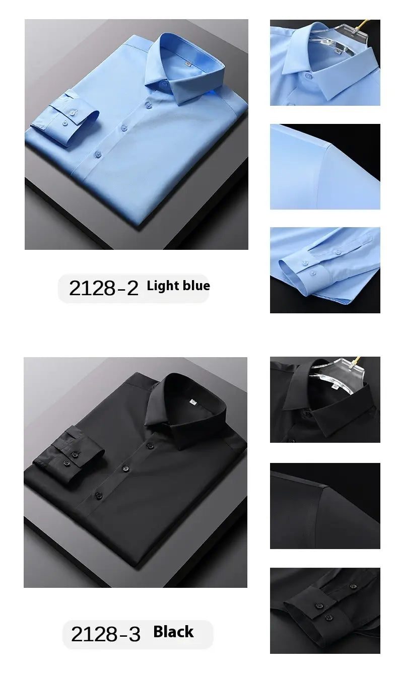 Chemises habillées en soie pour homme à manches longues, en bleu clair et noir, avec des cols boutonnés classiques et des poignets pliés avec soin