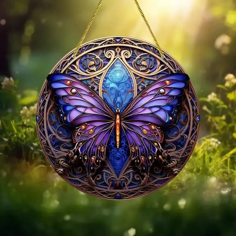 Butterfly acrylic wall art floral hanging decor features a circular ornate design with a detailed purple and blue butterfly and gold accents.