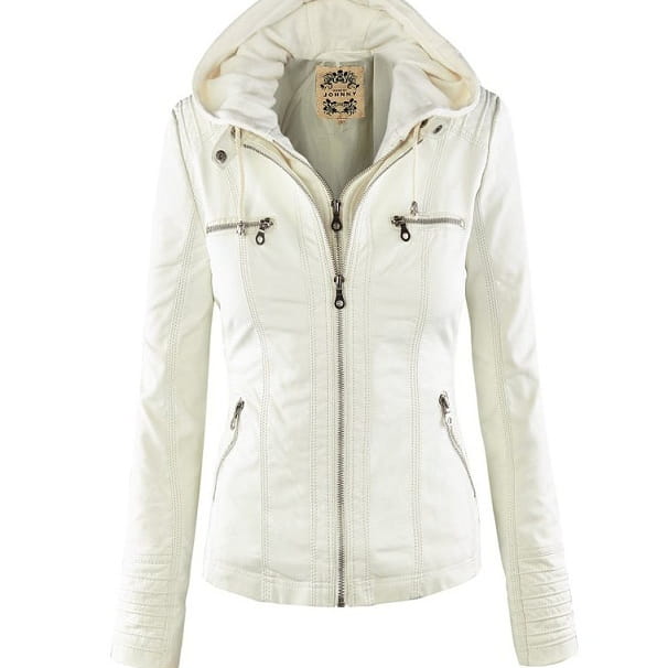 White faux leather moto jacket with detachable hood featuring silver zippers and stitched detailing.