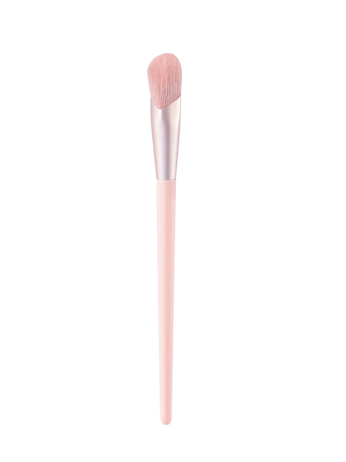 A soft pink finger belly makeup brush with a sleek metallic silver ferrule and tapered handle designed as a professional contour tool.