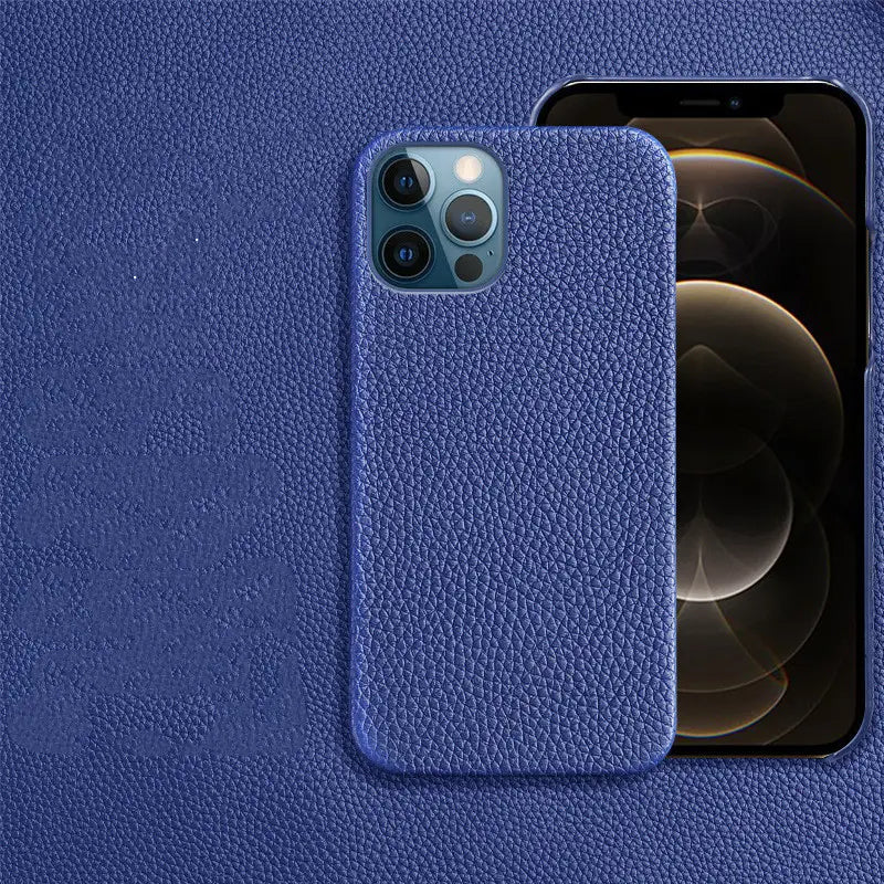 Deep blue textured leather phone case for iphone 12 pro shown from the back, designed as a genuine leather anti drop case compatible with iphone 12 13 and 14.