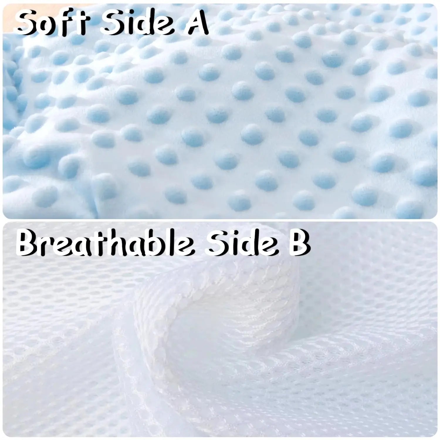Light blue and white textured memory foam pillow with a soft bumpy surface and breathable mesh pattern for use with the electric baby soothing palm automatic patting toy plush.