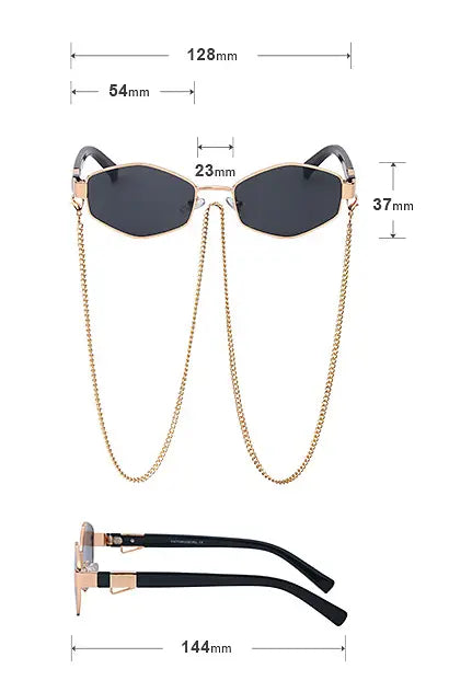 Women’s octagonal sunglasses featuring a gold-toned chain accent with dark gradient lenses and a sleek geometric frame design.