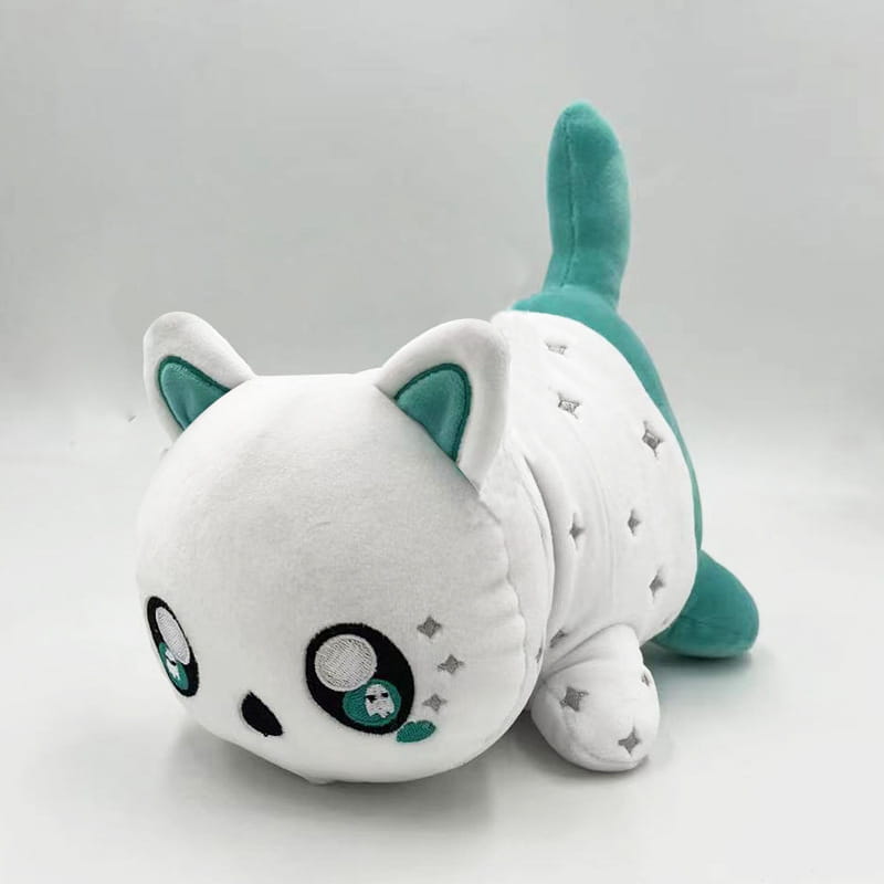 A plush white and teal cat stuffed animal toy for kids 25cm featuring oversized eyes with reflective silver centers, embroidered star details, and soft fabric ears.